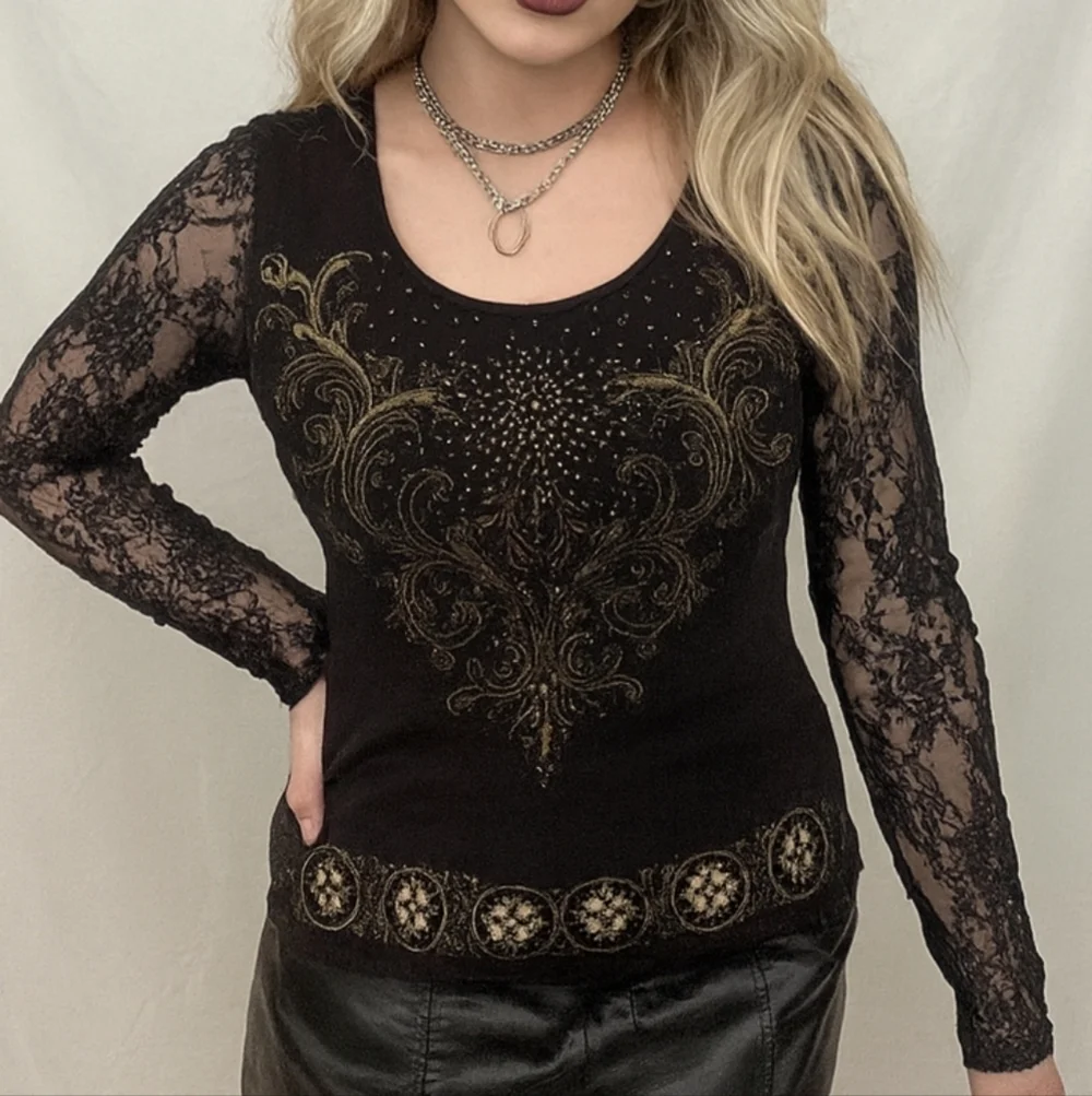 Vintage Y2K Black Gold Lace Beaded Scroll Cross Top Long Sleeve Glam Gothic